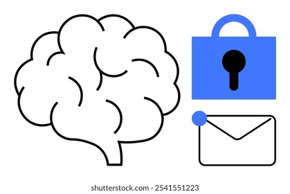 Cerebro, candado azul y sobre azul y blanco. Ideal para temas de ciberseguridad, salud mental, comunicación segura, protección de la privacidad y seguridad de la información. Estilo limpio y minimalista