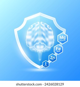 Gehirn in blauem Schildglas mit Vitaminen und Mineralien Magnesium Eisen Zink Jod. Nahrungsergänzungsmittel, die für die Gesundheit der Nervenzellen notwendig sind. Medizinische Gesundheitsfürsorge. Vektor EPS10.