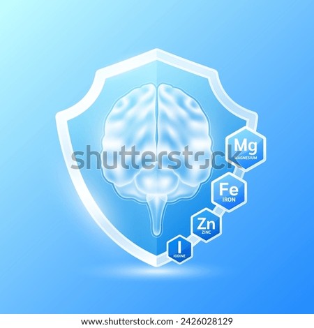 Brain in blue shield glass with Vitamins and Minerals magnesium iron zinc iodine. Supplement nutrients necessary for health nerve cell. Medical health care. Vector EPS10.