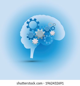 Brain with blue toothed wheels representing a continuous mechanism