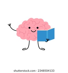 Brain with book, cute child character for knowledge, education. Happy brain reading book. Vector illustration