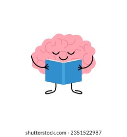 Brain with book, cute child character for knowledge, education. Happy brain reading book. Vector illustration