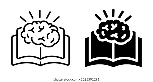 Icono del conocimiento del cerebro y del libro. Icono de línea y silueta.