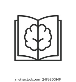 Brain book, in line design. Brain, book, knowledge, learning, education, intelligence, study on white background vector. Brain book editable stroke icon.