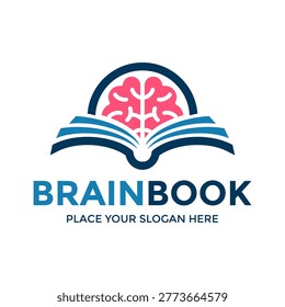 Brain book logo design template. An open book with a brain icon inside it representing smart learning and knowledge.