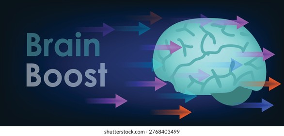 Brain Boost, alongside an illustration of a brain with arrows, represents cognitive enhancement or mental stimulation, vector illustration design