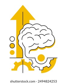 Brain Boost or Development. Human brain with gears mechanism and arrow up. Psychological vector concept in thin line and yellow fill