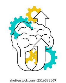 Brain Boost or Development technique. Human brain with gears mechanism and arrow up. Psychological vector concept in thin line with blue and yellow fill