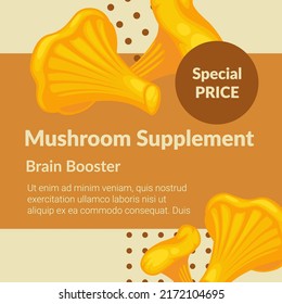 Brain booster and health improvement food and ingredients for dieting. Mushroom supplement on special price in store or shop. Promotional banner, advertisement and offers. Vector in flat style