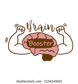 Brain booster ingredient for product sticker. Food, medicine label for mental health and mind power, vector illustration. Isolated on white template insignia, hand drawn organ with strong arms