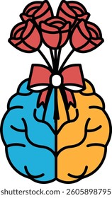 A brain with a bouquet of red roses in the center. The roses are tied with a red ribbon