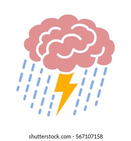 Brain Brainstorm / Brainstorming With Lightning Bolt And Rain Flat Color Vector Icon For Apps And Websites