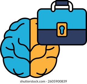 A brain and briefcase are shown together. The brain is blue and yellow, and the briefcase is blue and black. Concept of intelligence and professionalism