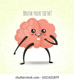 Brain brushing teeth, vector cartoon character, healthy teeth icon, children's dentistry, vector illustration, eps 10 vector