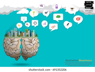 Brain - Building in the city -  modern design Idea and Concept  Vector illustration Business  Infographic template with trees, Clouds and icons.