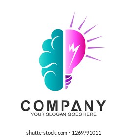 brain + bulb creative think logo design