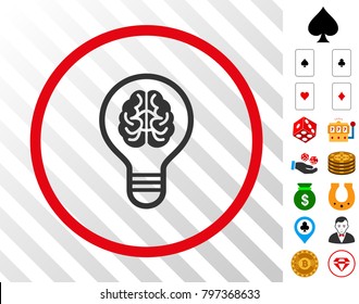 Brain Bulb gray icon inside red circle with bonus casino pictograms. Vector illustration style is flat iconic symbols. Designed for gambling apps.