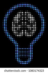 Brain bulb halftone vector icon. Illustration style is dotted iconic brain bulb symbol on a black background. Halftone matrix is build from round spots.