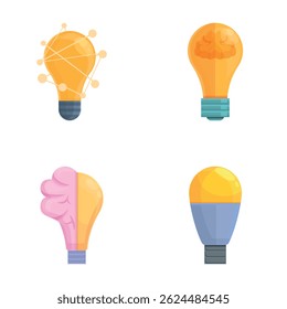 Ícones de bulbo cerebral definem vetor de desenhos animados. Vários luminária inteligente brilhante. Ideia, criativa, tecnologia