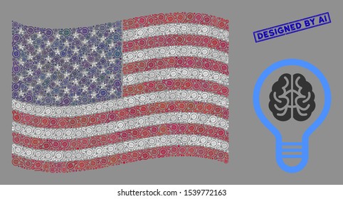 Brain bulb items are combined into American flag collage with blue rectangle grunge stamp seal of Designed by Ai phrase. Vector collage of American waving official flag is formed of brain bulb items.