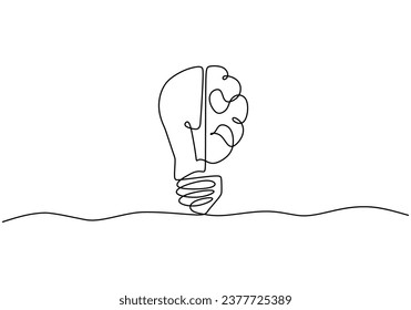 Brain and bulb lamp. One continuous single line isolated on white background.