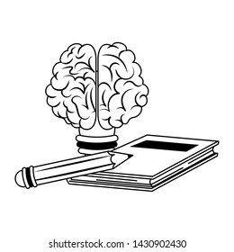 Brain bulb light and book with pencils cartoons vector illustration graphic design