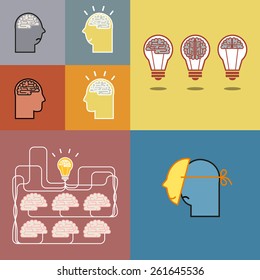 Brain and bulb light and mans head. Concept of idea. Vector illustration.