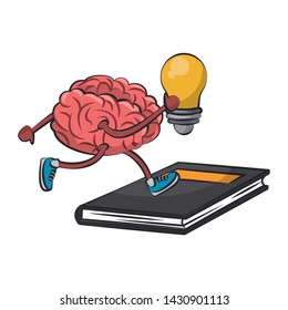 Brain with bulb light running on book cartoon vector illustration graphic design