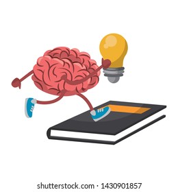 Brain with bulb light running on book cartoon vector illustration graphic design