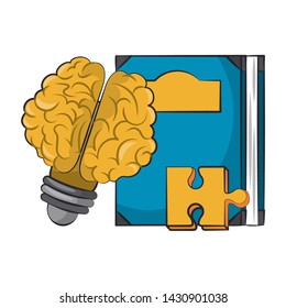 Brain bulb light shape and book with puzzle cartoons vector illustration graphic design
