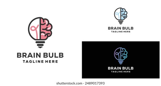 Brain bulb with line art style logo icon design template flat vector