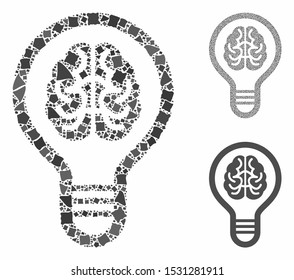 Brain bulb mosaic of uneven items in various sizes and color tones, based on brain bulb icon. Vector ragged items are composed into mosaic. Brain bulb icons collage with dotted pattern.