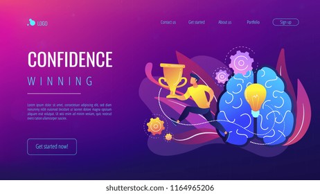 Brain with bulb and user carrying cup. Confidence and winning concept landing page. Challenge and move for success, motivation and goals achievement. Vector illustration on ultraviolet background. Brain with bulb and user carrying cup. Confidence and winning concept landing page. Challenge and move for success, motivation and goals achievement. Vector illustration on ultraviolet background.