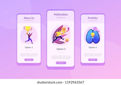 Brain with bulb and user carrying cup. Confidence and winning concept landing page. Challenge and move for success, motivation and goals achievement. UI UX GUI app interface template.