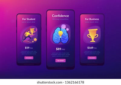 Brain with bulb and user carrying cup. Confidence and winning concept landing page. Challenge and move for success, motivation and goals achievement. UI UX GUI app interface template.