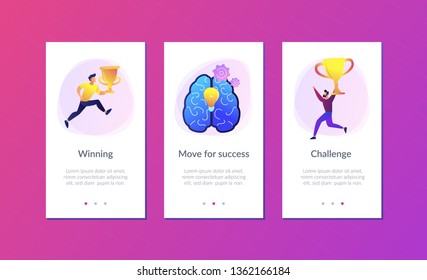 Brain with bulb and user carrying cup. Confidence and winning concept landing page. Challenge and move for success, motivation and goals achievement. UI UX GUI app interface template.