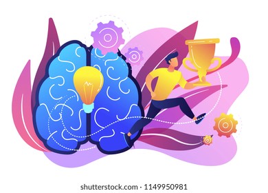 Brain with bulb and user jumps carrying cup. Challenge and move for success, confidence and winning competition, motivation and goals achievement concept, violet palette. Vector isolated illustration.