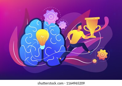 Brain with bulb and user runs carrying cup. Challenge and move for success, confidence and winning competition, motivation and goals achievement concept. Vector illustration on ultraviolet background.