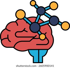 A brain with a bunch of blue and yellow circles surrounding it. The circles are connected to each other and to the brain. Concept of the brain being a complex network of connections