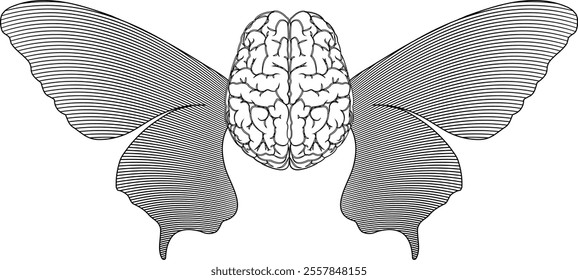 Brain with butterflies wings, symbolizing creativity, imagination, psychology, freedom of thought, diversity, and the beauty of the mind