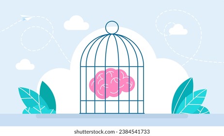 A brain in the cage. Describe confined mind. Human brain trapped in cage. Depression, panic and worry, memory problems, cognitive therapy, mind under control, memory prisoner. Vector illustration