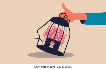 Brain cage mental stress and human depression and head nervous imagination vector illustration. Constrain frustration and healthcare therapy psychotherapy. Freedom trapped and birdcage business