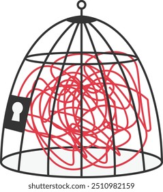 Brain cage mental stress and human depression and head nervous imagination vector illustration. Constrain frustration and healthcare therapy psychotherapy. Freedom trapped and birdcage business

