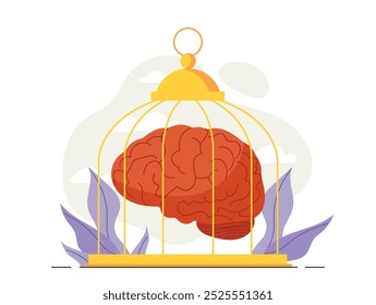 Cerebro en jaula. Mente en la cárcel y jaula de pájaros. Inteligencia y creatividad, libertad. Órgano interno atrapado. Imaginación y emoción. Ilustración vectorial plana aislada sobre fondo blanco