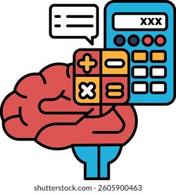 A brain with a calculator on top of it. The calculator has the numbers 1 through 9 on it