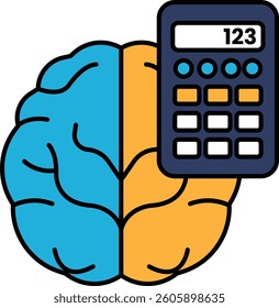 A brain and a calculator are shown together. The brain is blue and orange, and the calculator is black and white. Concept of intelligence and the importance of using one's brain to solve problems