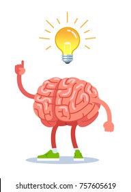 Brain came up with an idea, the finger shows on a light bulb. Modern flat style thin line vector illustration isolated on white background.