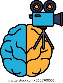 A brain with a camera on top of it. The camera is blue and orange