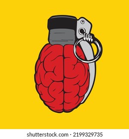 Brain Can Kill Us Illustration, Brain Damaged Art, Grenade Artwork, Cute Art, Nature Icon, Cartoon Graphic, Drawn Character, Doodle, 