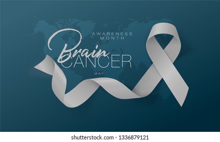 Brain Cancer Awareness Calligraphy Poster Design. Realistic Grey Ribbon. May is Cancer Awareness Month. Vector